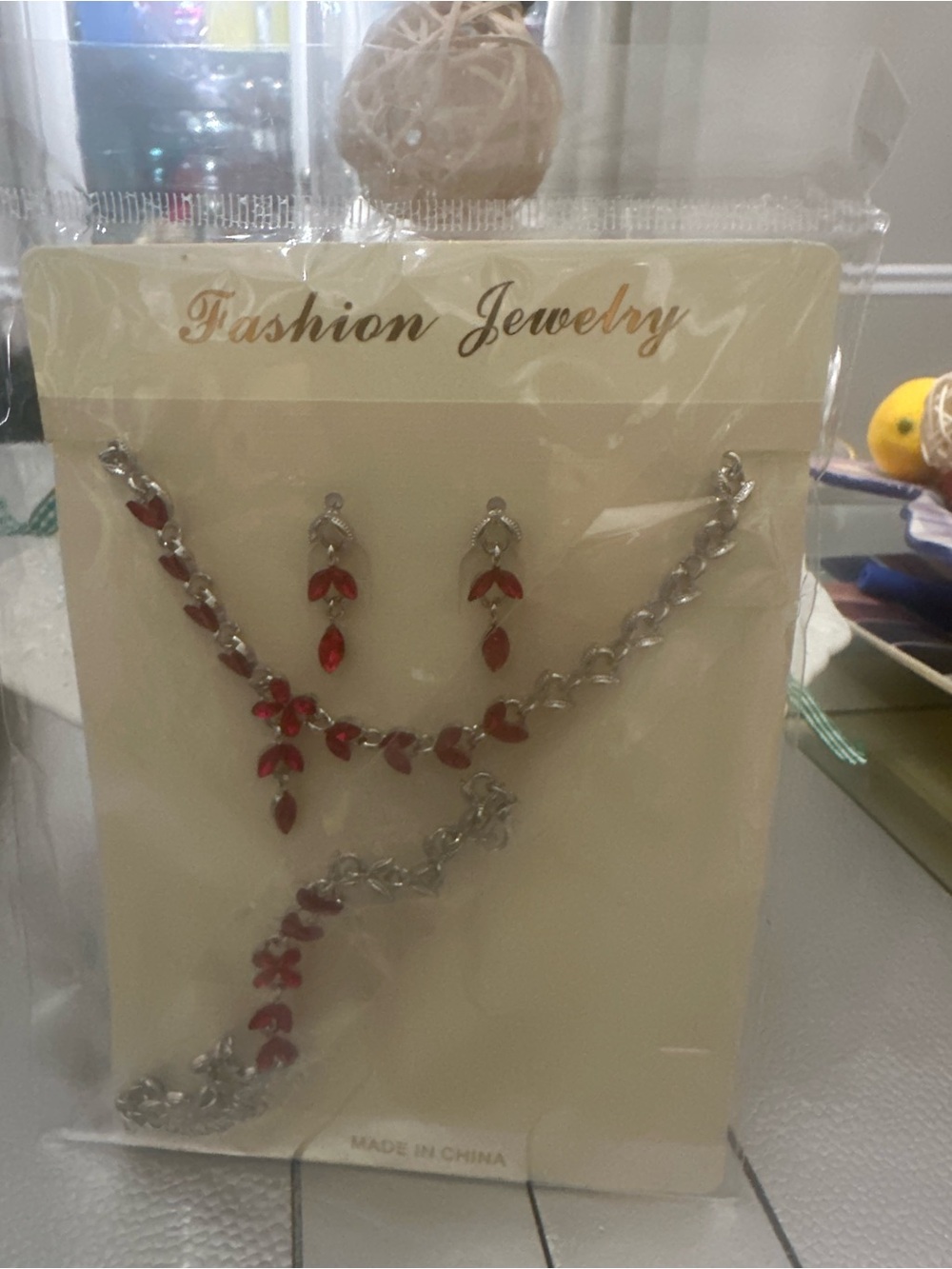 Fashion Jewelry Red Crystal Necklace, Bracelet & Earring Set
